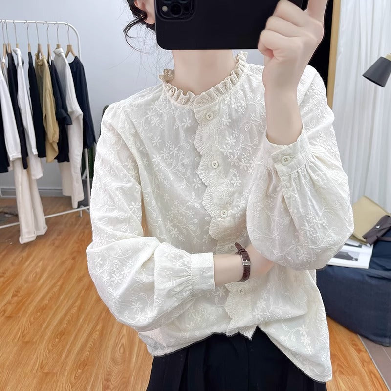Vintage Cream Embroidered Lace Collar Shirt