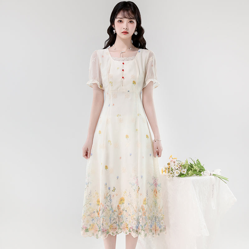 Vintage Cream Wildflower Embroidery Chiffon Midi Dress