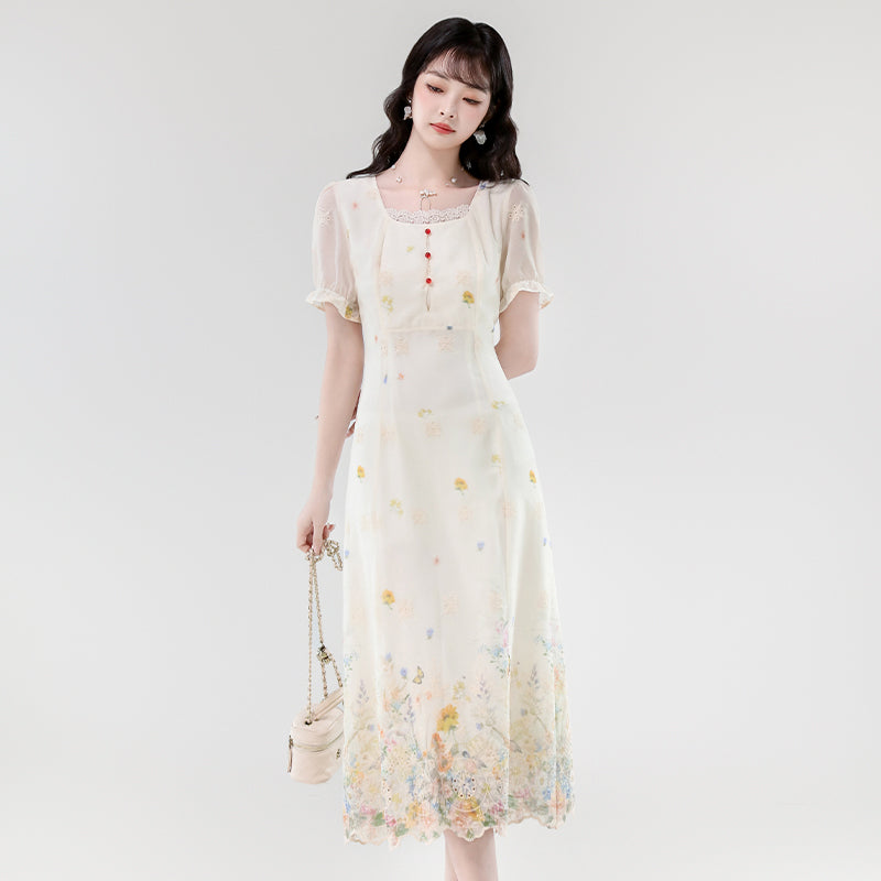 Vintage Cream Wildflower Embroidery Chiffon Midi Dress