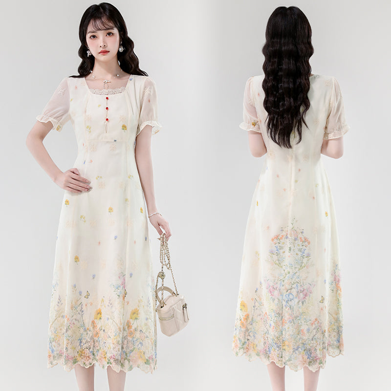 Vintage Cream Wildflower Embroidery Chiffon Midi Dress