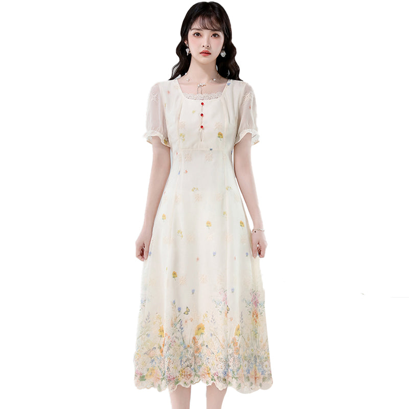 Vintage Cream Wildflower Embroidery Chiffon Midi Dress