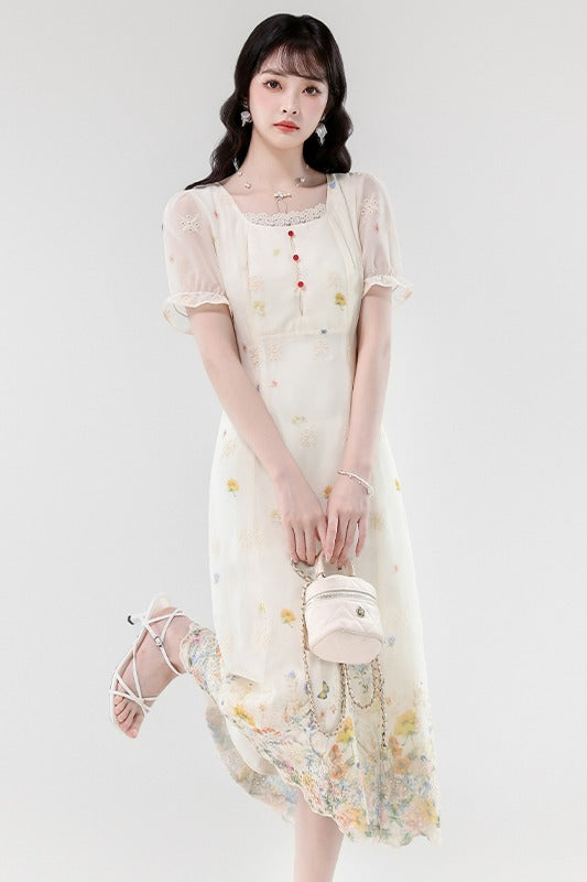Vintage Cream Wildflower Embroidery Chiffon Midi Dress