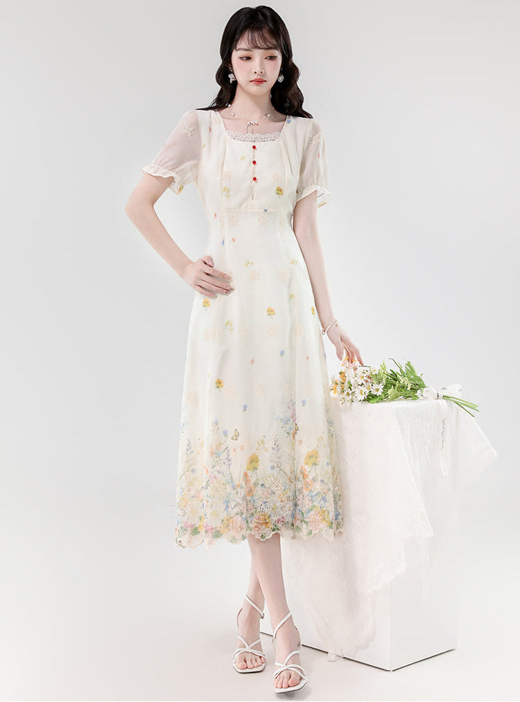 Vintage Cream Wildflower Embroidery Chiffon Midi Dress