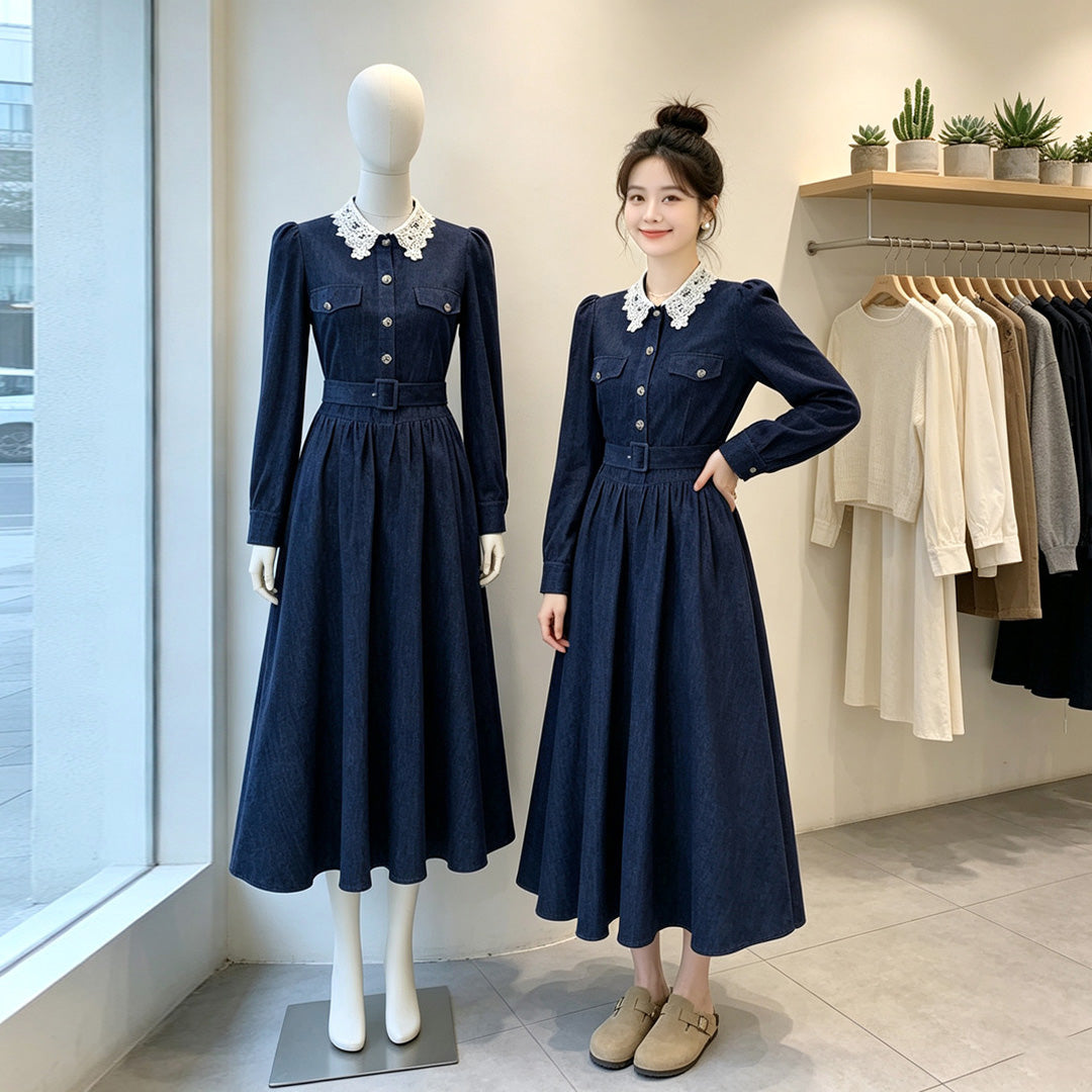 Vintage Dark Denim Midi Dress with Lace Collar & Belt