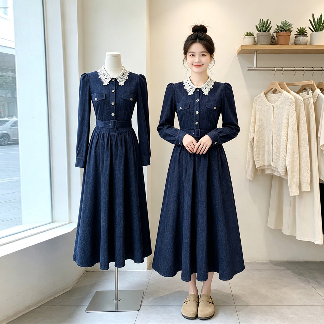 Vintage Dark Denim Midi Dress with Lace Collar & Belt