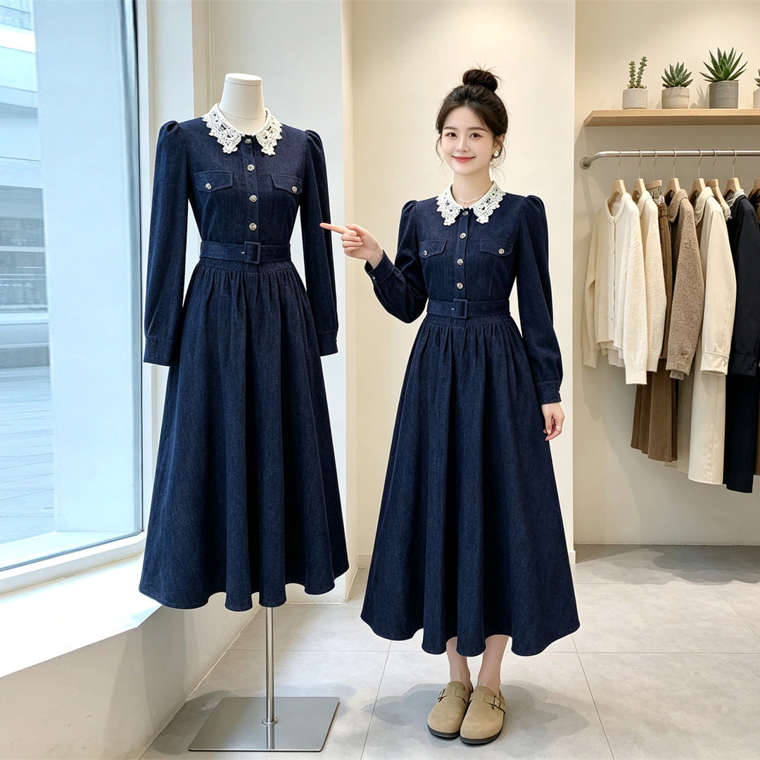 Vintage Dark Denim Midi Dress with Lace Collar & Belt