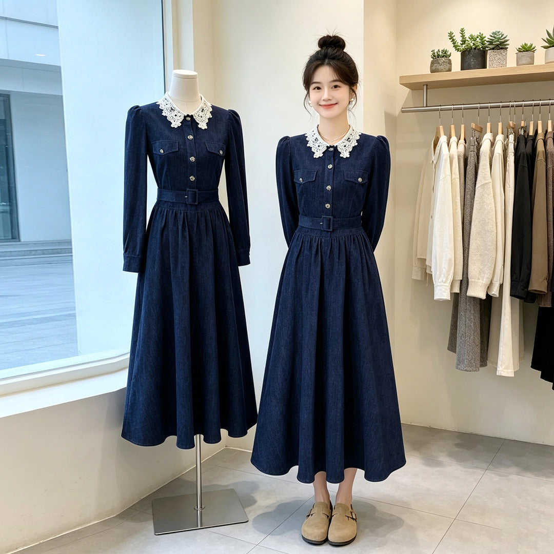 Vintage Dark Denim Midi Dress with Lace Collar & Belt