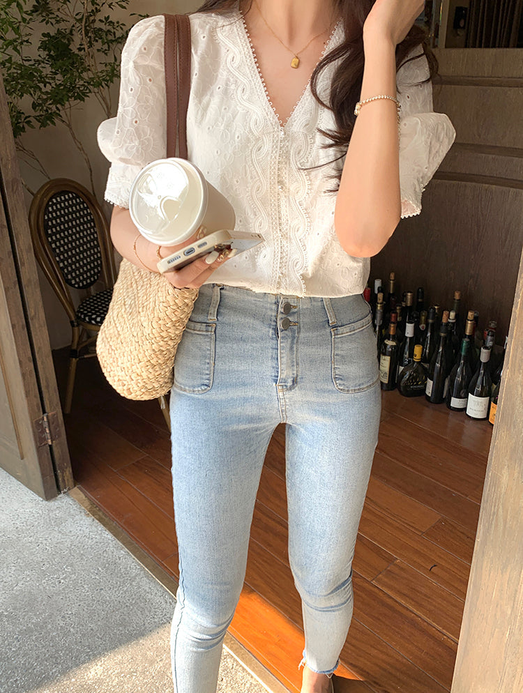 Vintage Eyelet Lace V-Neck Blouse