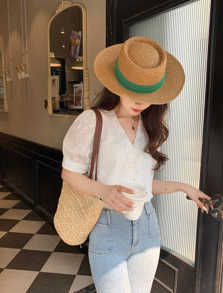 Vintage Eyelet Lace V-Neck Blouse