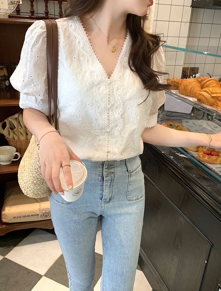 Vintage Eyelet Lace V-Neck Blouse