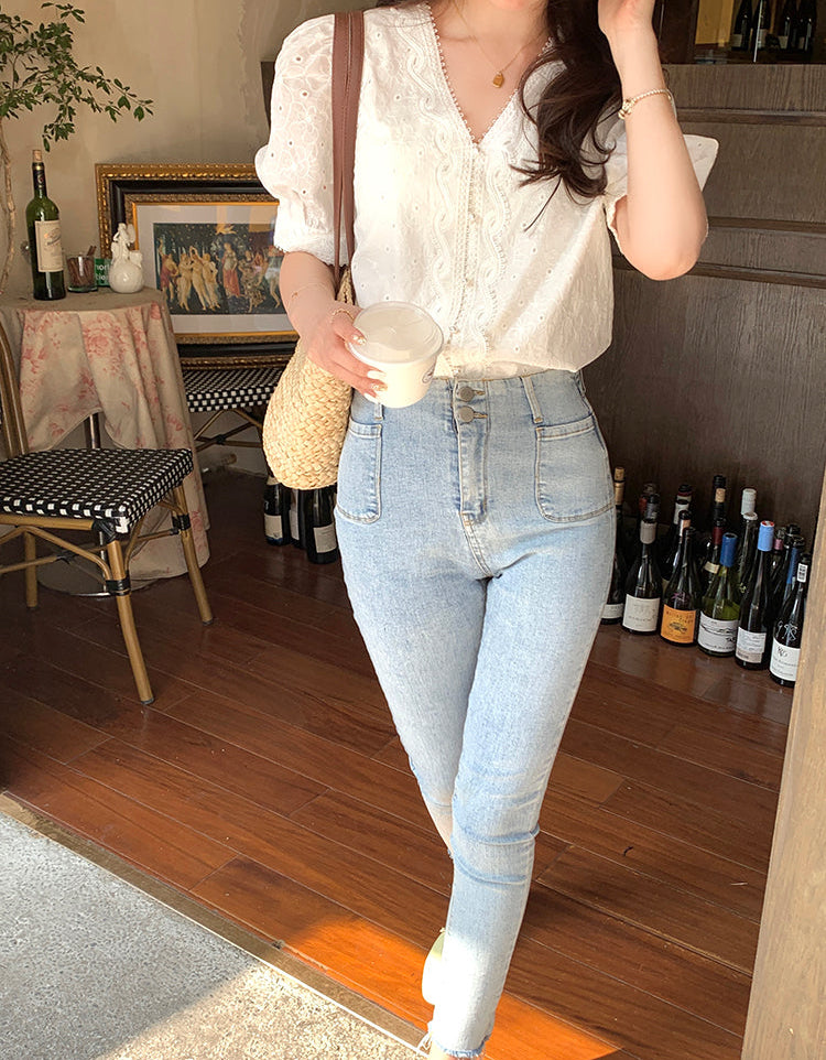 Vintage Eyelet Lace V-Neck Blouse