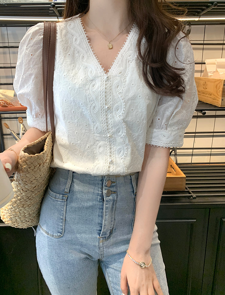 Vintage Eyelet Lace V-Neck Blouse