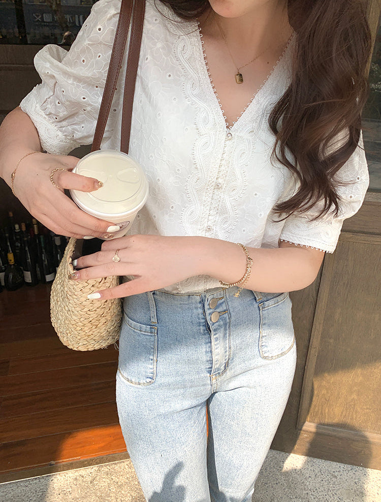 Vintage Eyelet Lace V-Neck Blouse