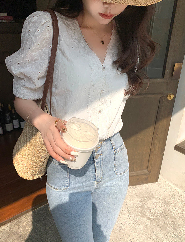 Vintage Eyelet Lace V-Neck Blouse