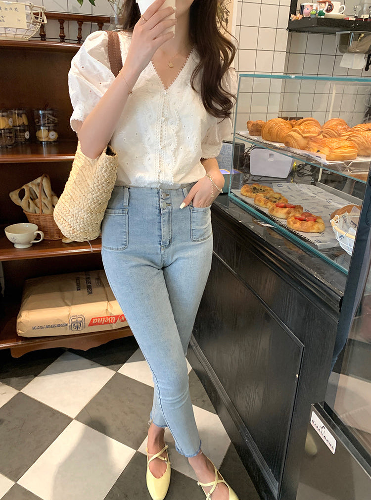Vintage Eyelet Lace V-Neck Blouse
