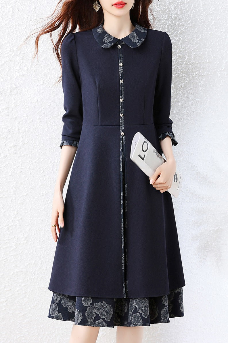 Vintage Floral Accent Layered Midi Dress