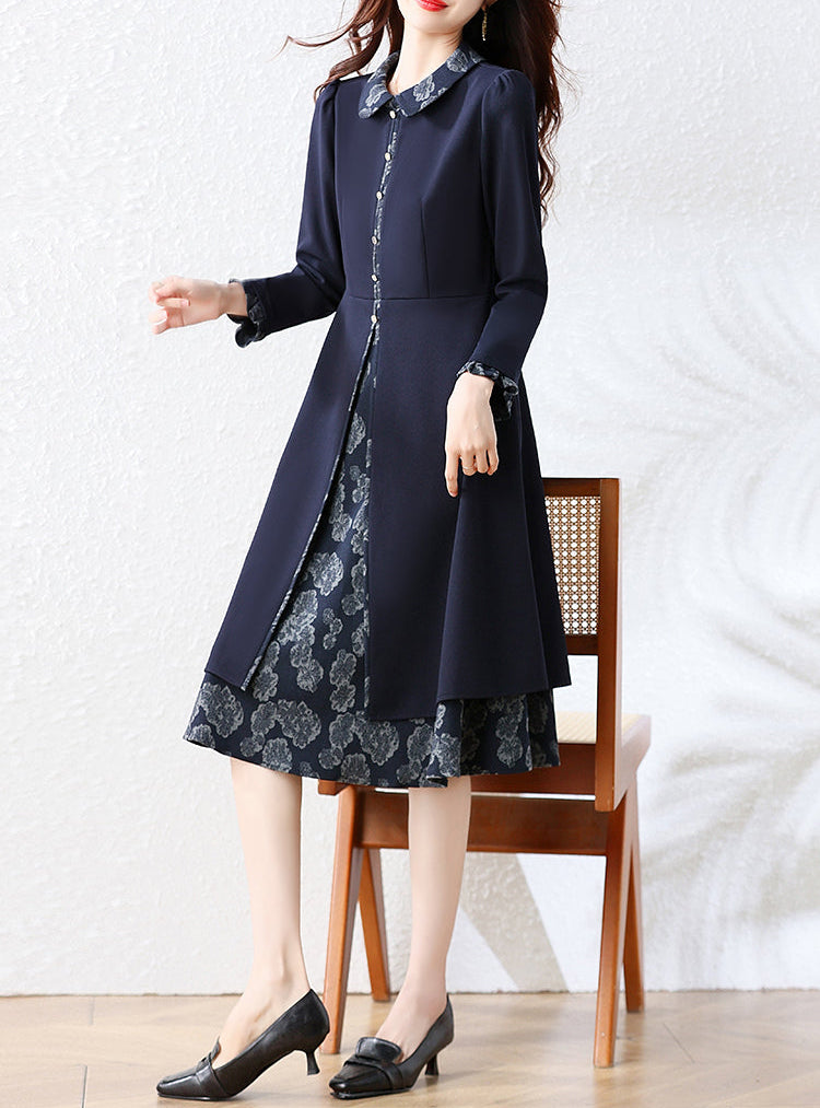 Vintage Floral Accent Layered Midi Dress