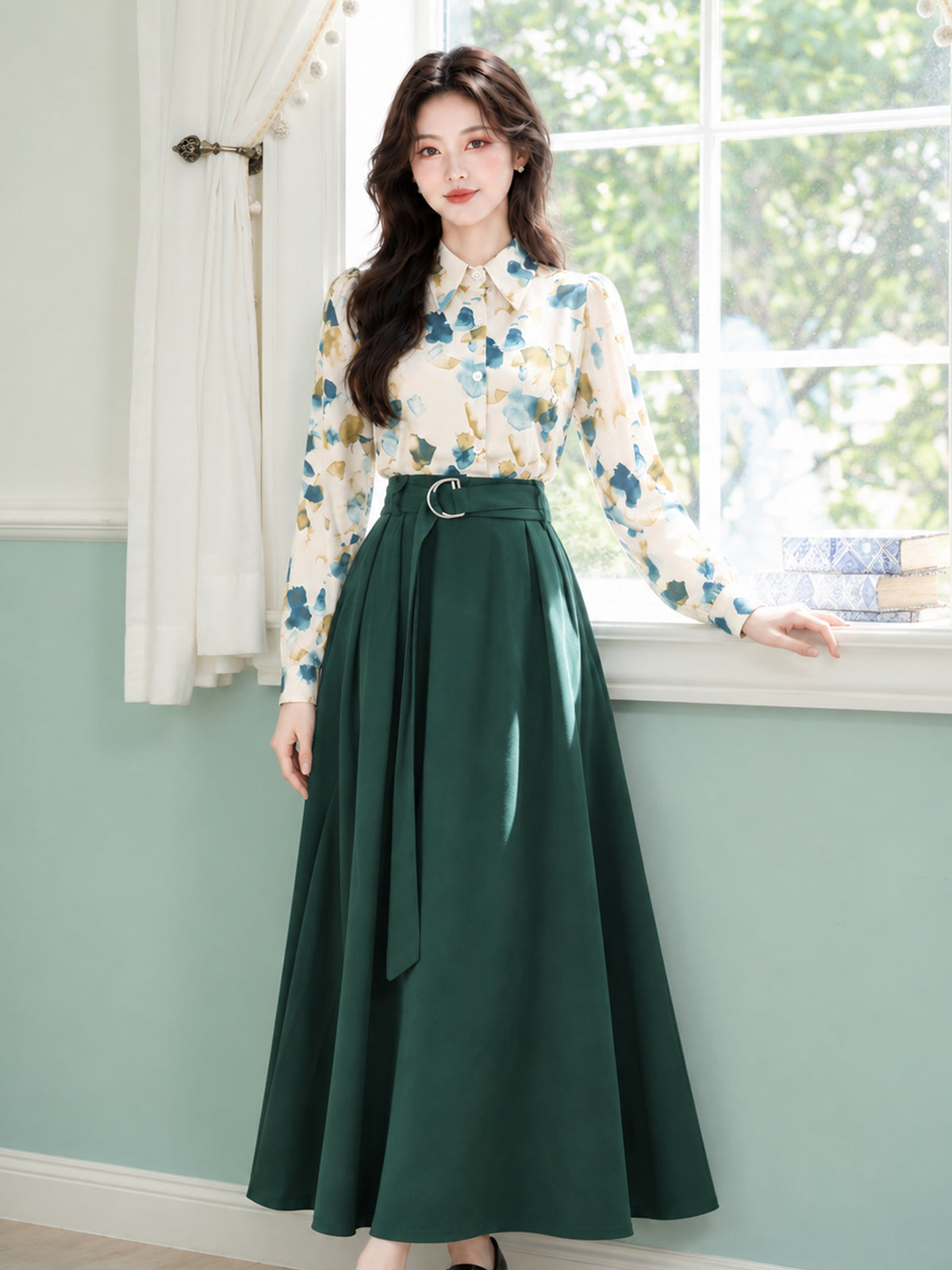 Vintage Floral Blouse & Forest Green Belted Midi Skirt Set
