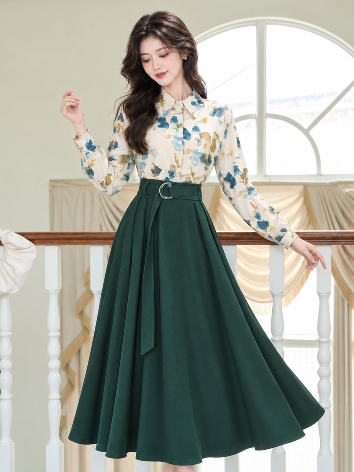 Vintage Floral Blouse & Forest Green Belted Midi Skirt Set