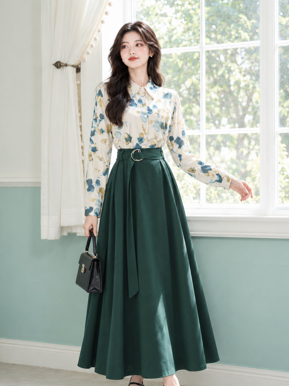 Vintage Floral Blouse & Forest Green Belted Midi Skirt Set