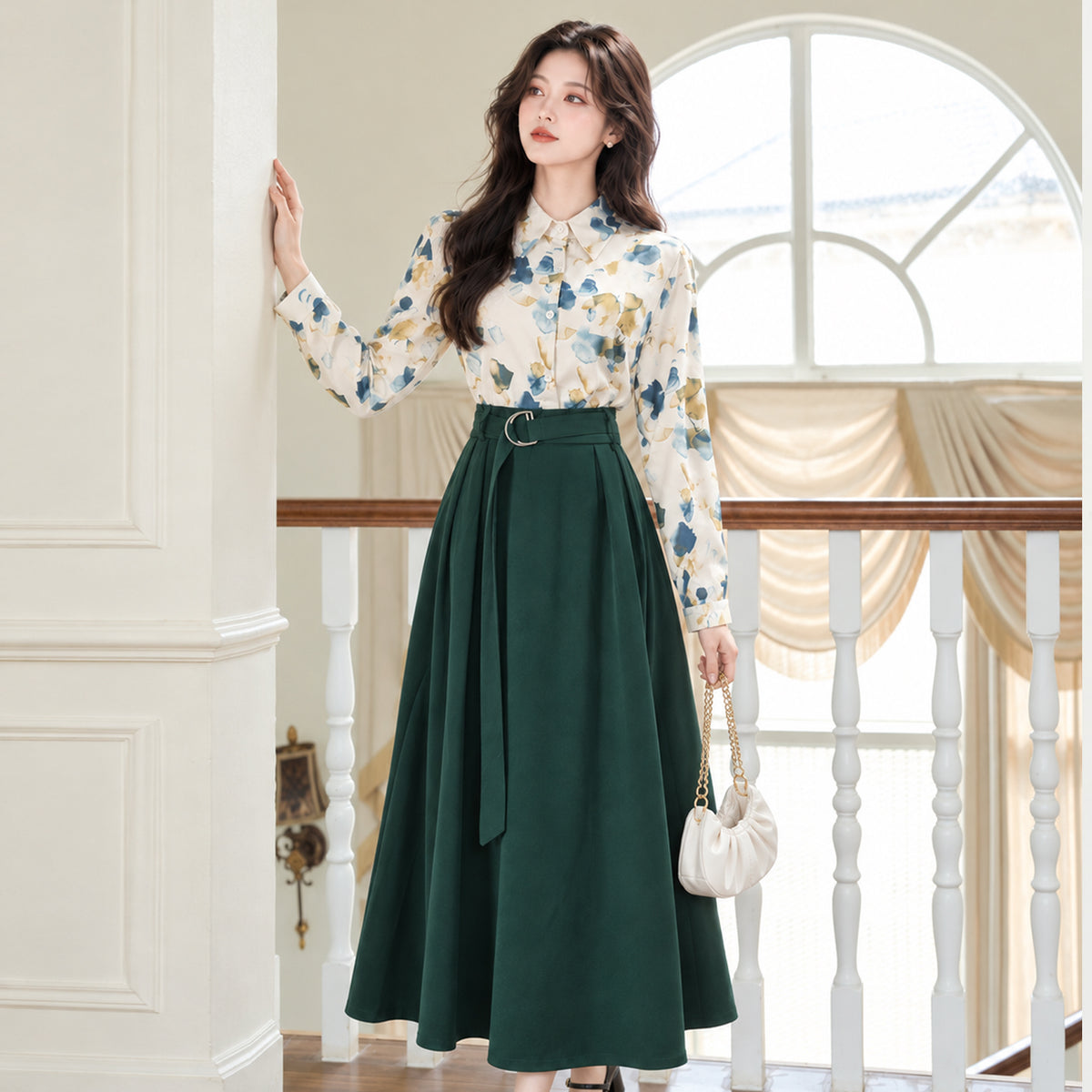 Vintage Floral Blouse & Forest Green Belted Midi Skirt Set