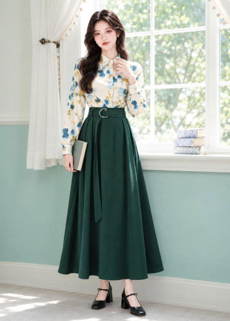 Vintage Floral Blouse & Forest Green Belted Midi Skirt Set