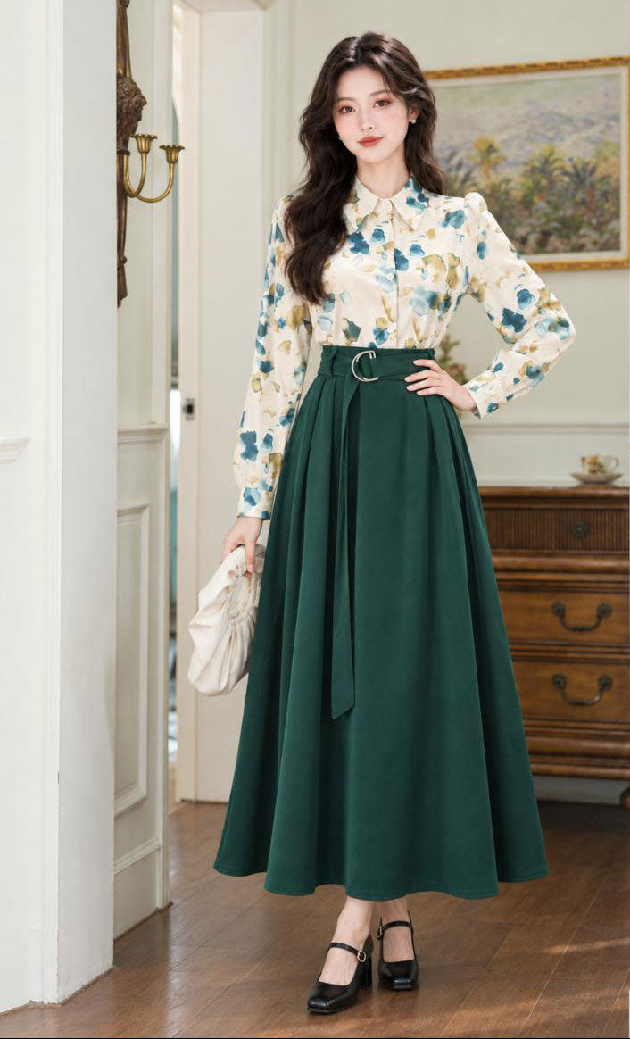 Vintage Floral Blouse & Forest Green Belted Midi Skirt Set