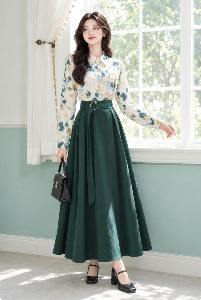 Vintage Floral Blouse & Forest Green Belted Midi Skirt Set