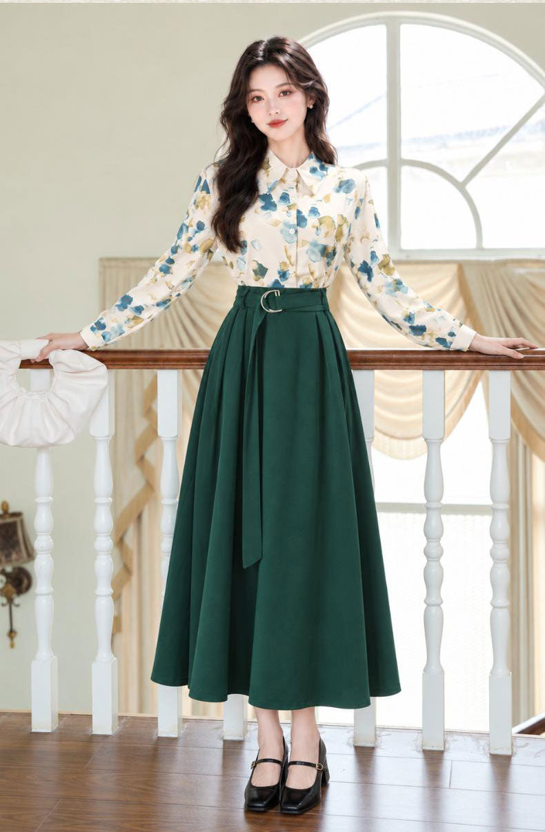 Vintage Floral Blouse & Forest Green Belted Midi Skirt Set