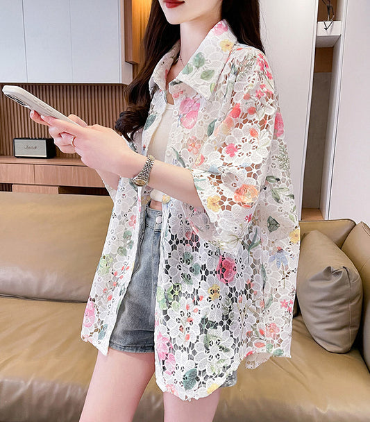 Vintage Floral Guipure Lace Oversized Button-Down