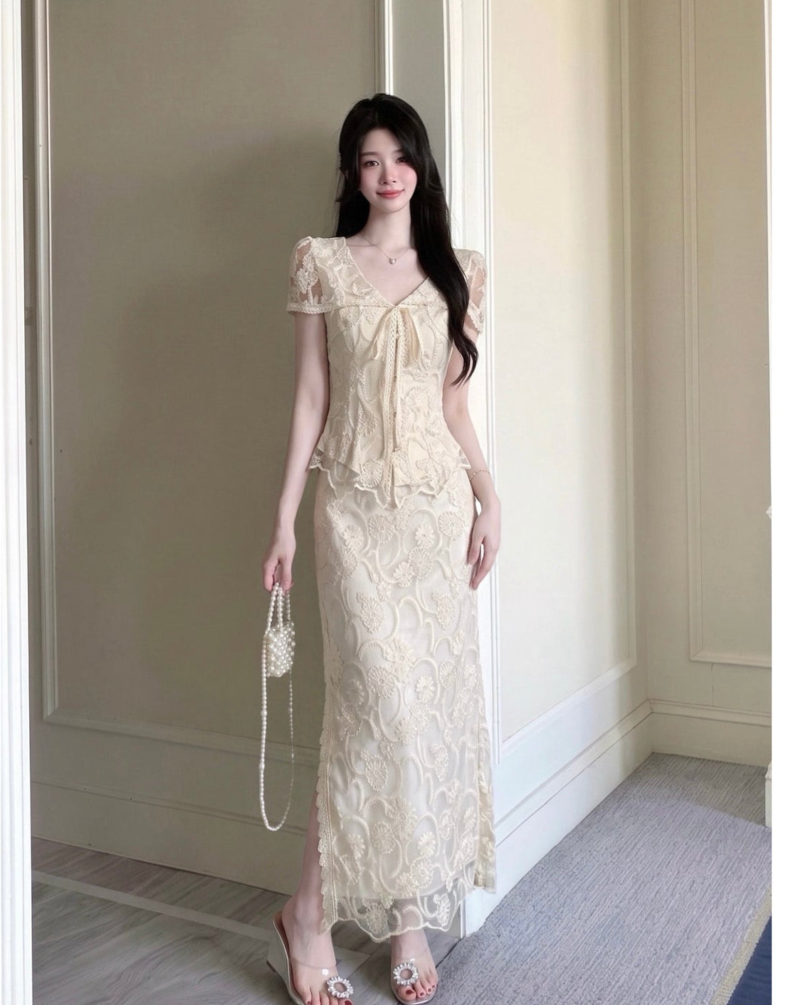 Vintage Floral Lace 2-Piece Set with Tie-Front Top & Maxi Skirt