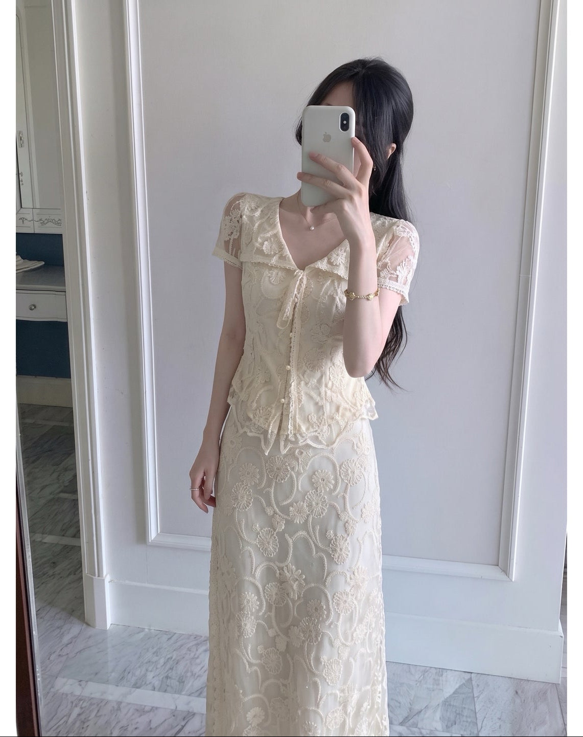 Vintage Floral Lace 2-Piece Set with Tie-Front Top & Maxi Skirt