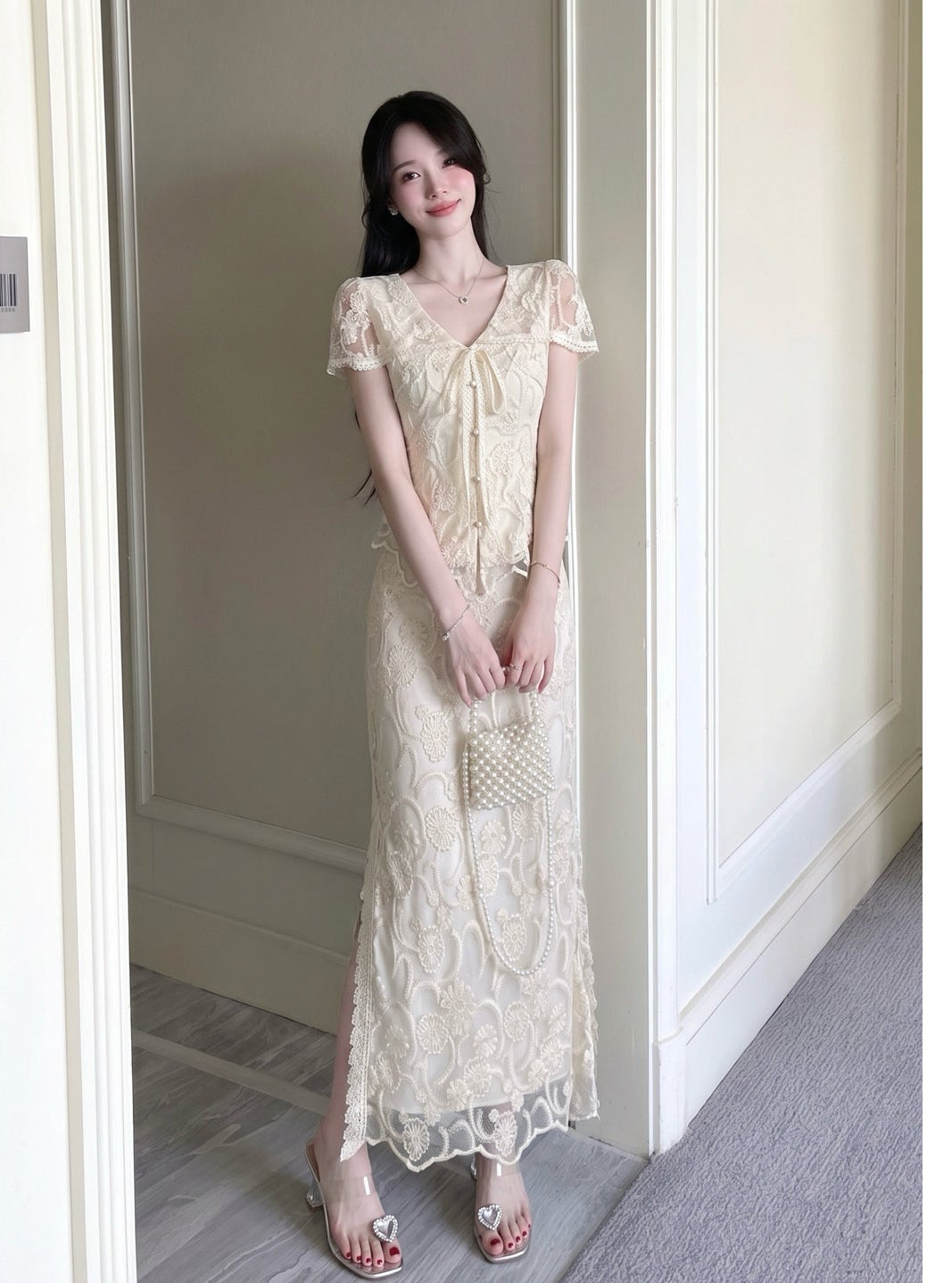 Vintage Floral Lace 2-Piece Set with Tie-Front Top & Maxi Skirt