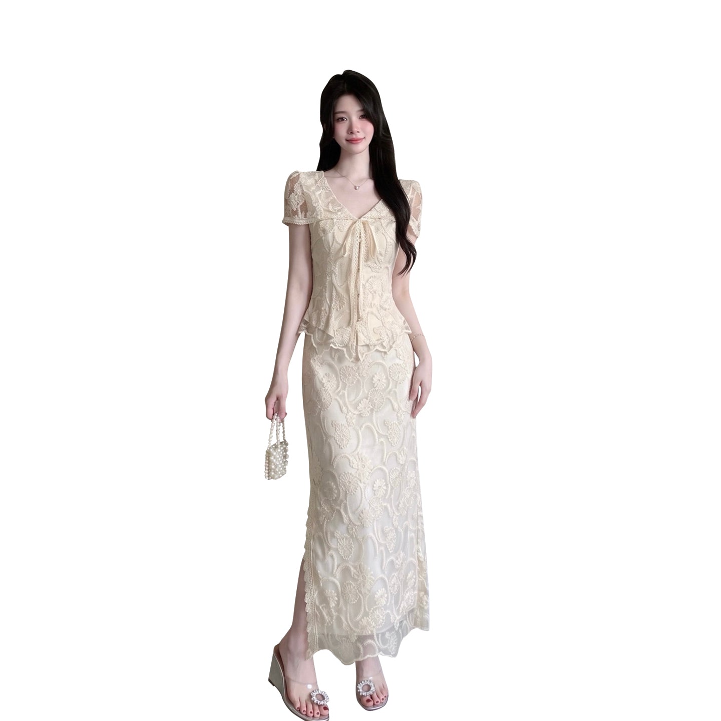 Vintage Floral Lace 2-Piece Set with Tie-Front Top & Maxi Skirt
