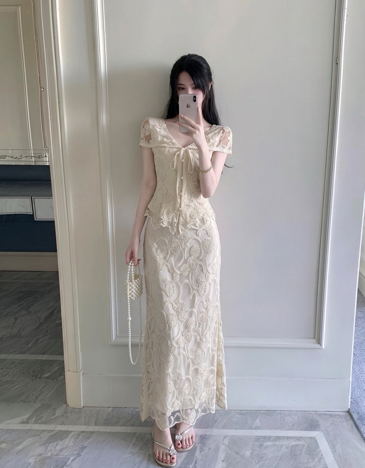 Vintage Floral Lace 2-Piece Set with Tie-Front Top & Maxi Skirt