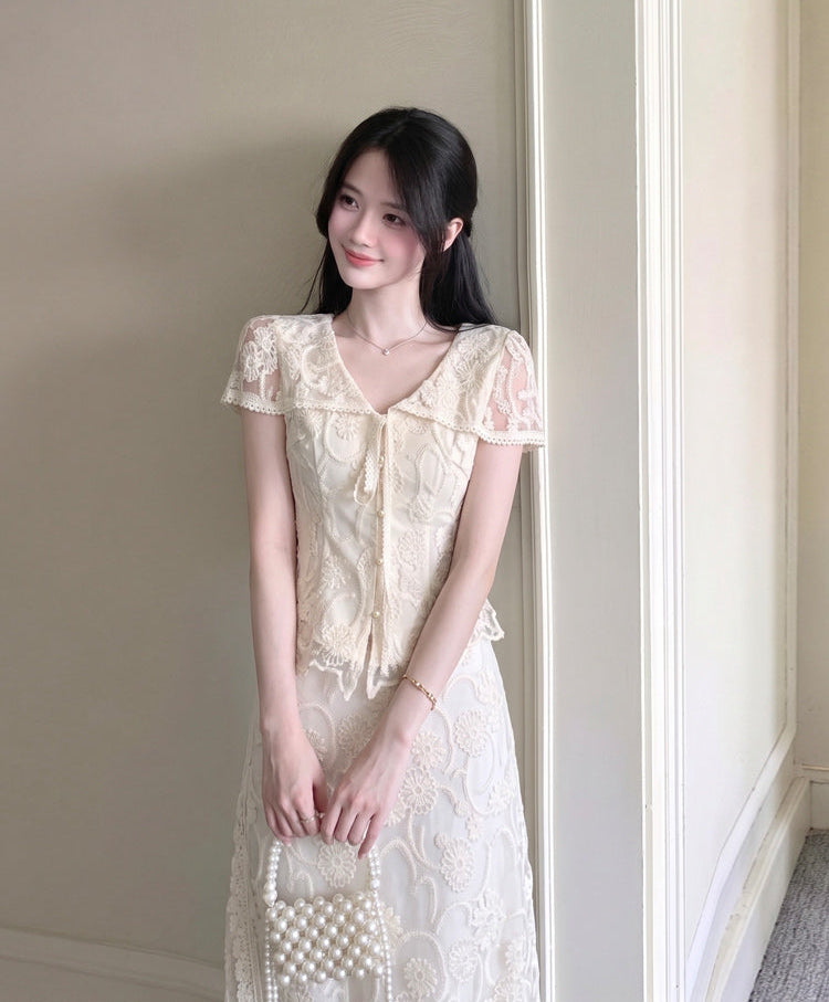 Vintage Floral Lace 2-Piece Set with Tie-Front Top & Maxi Skirt