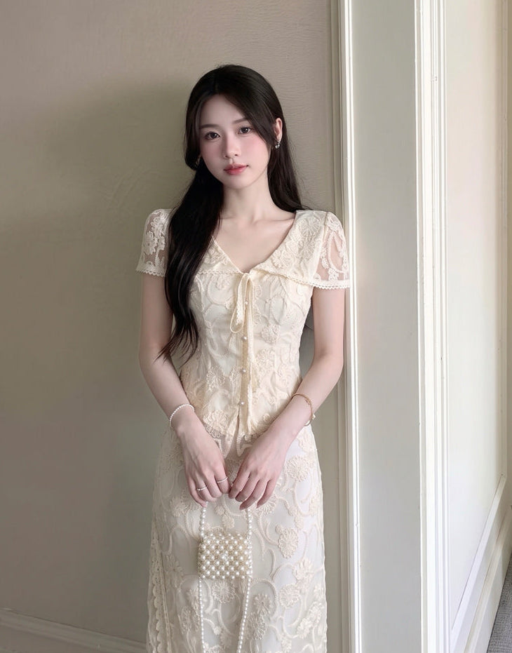 Vintage Floral Lace 2-Piece Set with Tie-Front Top & Maxi Skirt