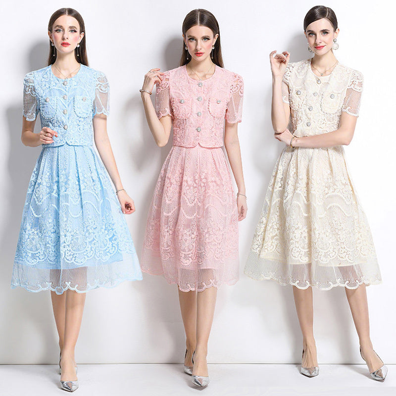 Vintage Floral Lace Two-Piece Button-Up Midi Dress