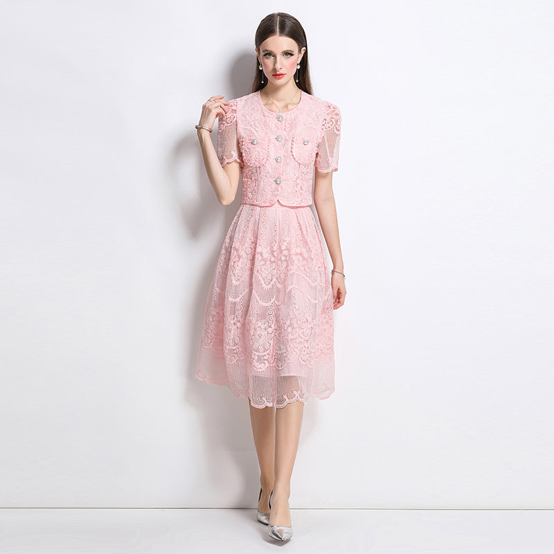 Vintage Floral Lace Two-Piece Button-Up Midi Dress