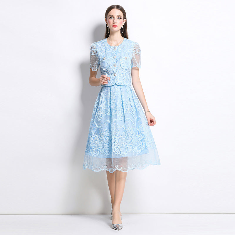 Vintage Floral Lace Two-Piece Button-Up Midi Dress