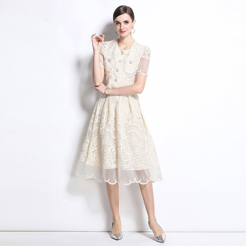 Vintage Floral Lace Two-Piece Button-Up Midi Dress