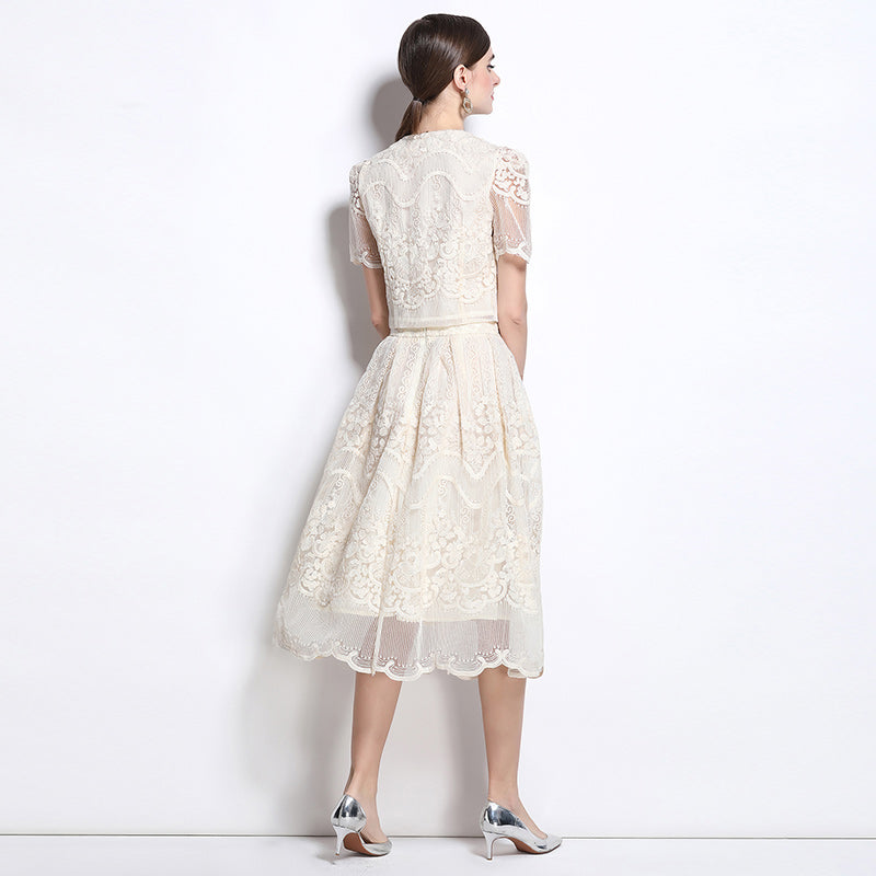 Vintage Floral Lace Two-Piece Button-Up Midi Dress