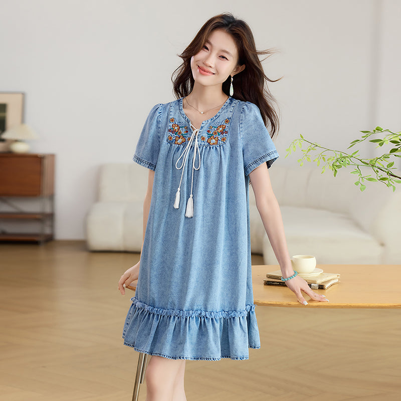 Vintage Floral Tassel-Tie Denim Smock Dress