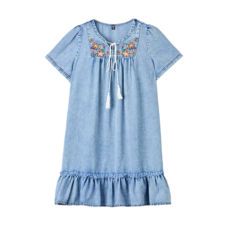Vintage Floral Tassel-Tie Denim Smock Dress