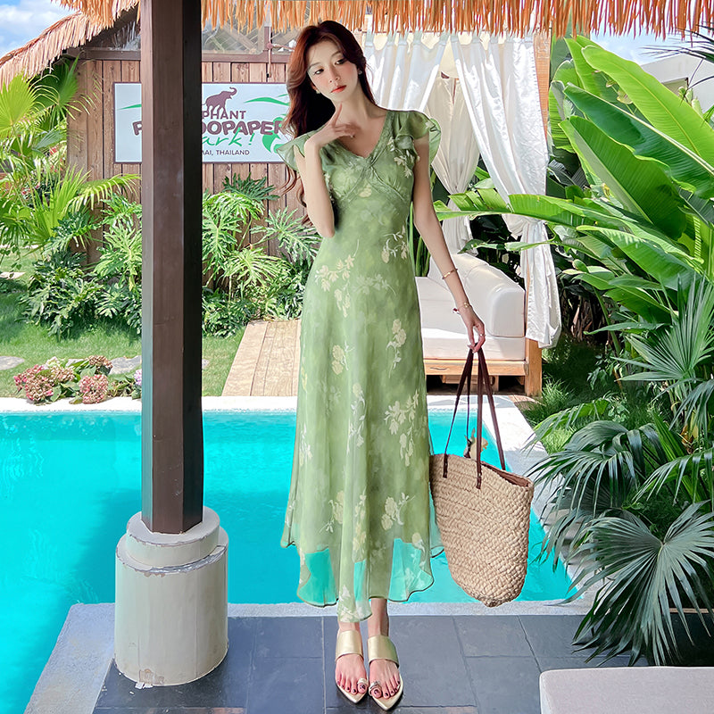 Vintage Floral V-Neck A-Line Maxi Dress with Flutter Sleeves