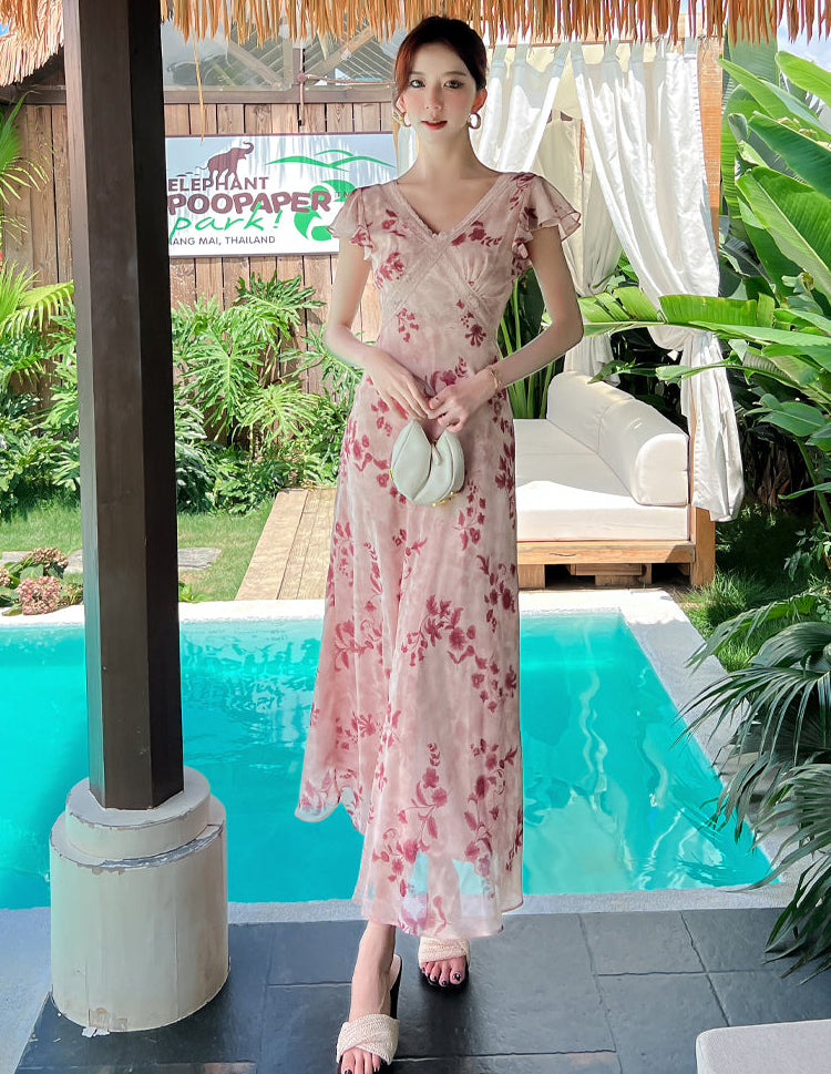 Vintage Floral V-Neck A-Line Maxi Dress with Flutter Sleeves