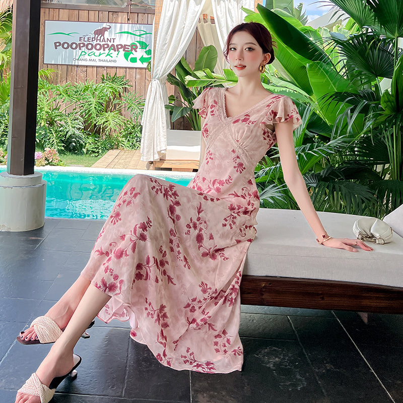 Vintage Floral V-Neck A-Line Maxi Dress with Flutter Sleeves