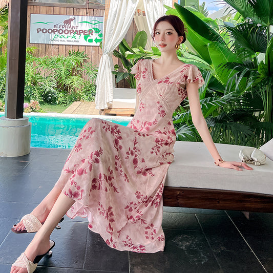 Vintage Floral V-Neck A-Line Maxi Dress with Flutter Sleeves