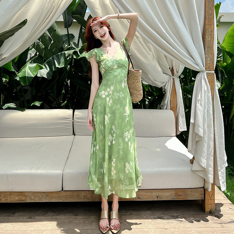 Vintage Floral V-Neck A-Line Maxi Dress with Flutter Sleeves