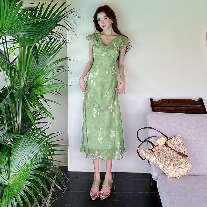 Vintage Floral V-Neck A-Line Maxi Dress with Flutter Sleeves